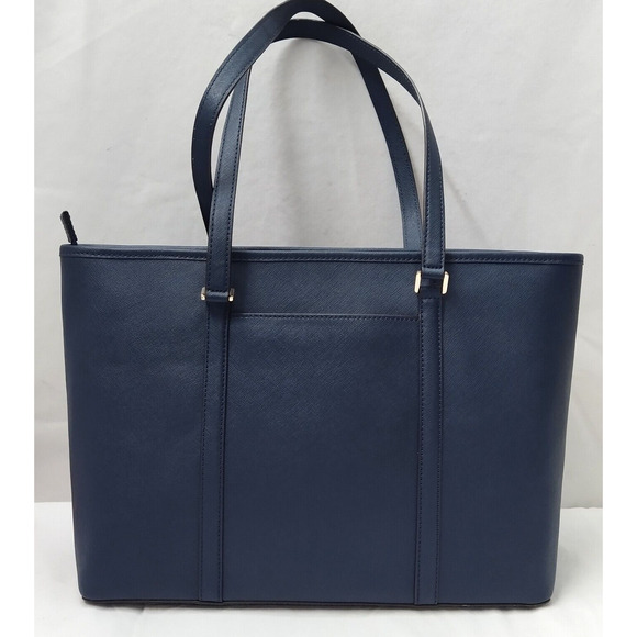 Michael Kors Navy Blue Leather Double Handles Zipper Closure Tote Shoulder Bag - Picture 2 of 16